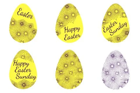 A set of yellow easter eggs decorated with text and ornament Stock Illustration