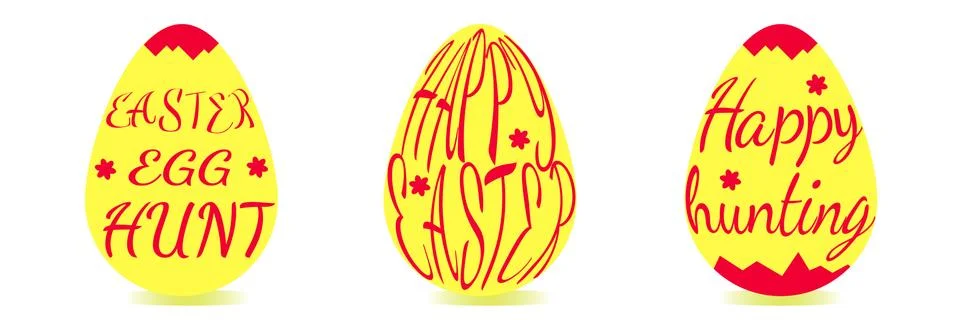 A set of yellow easter eggs decorated with red text Stock Illustration