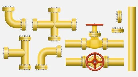 Set of yellow elements of the pipeline. Gas and oil industry. Vector illustra 스톡 일러스트