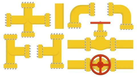 Set of yellow elements of the pipeline. Gas and oil industry. Vector illustra Illustrazione stock