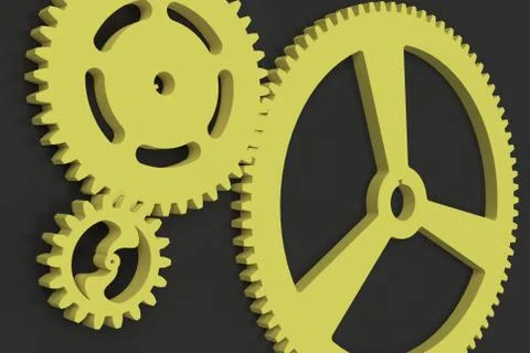 Set of yellow gears and cogs on black background Stock Illustration