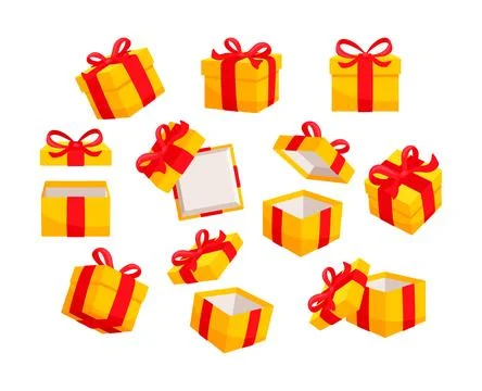 Set of yellow gift boxes decorated with red ribbons, some of them closed, some Illustrazione stock
