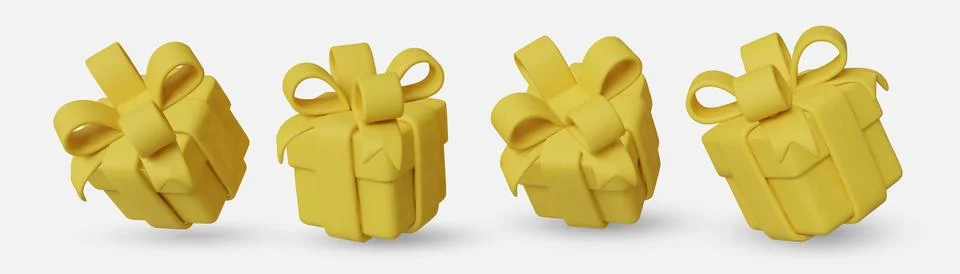 Set yellow gift boxes with shiny red ribbons and bows. Stock Illustration
