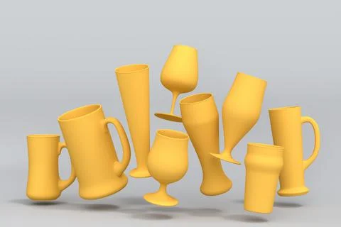 Set of yellow glasses of fresh draft beer on a grey monochrome background. 스톡 일러스트