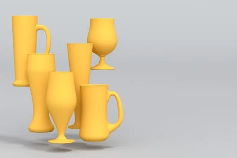 Set of yellow glasses of fresh draft beer on a grey monochrome background. 스톡 일러스트