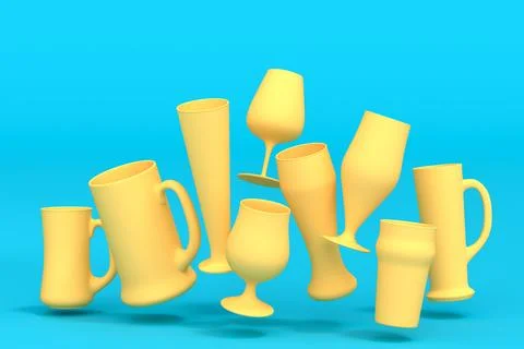 Set of yellow glasses of fresh draft beer on a green monochrome background. Stock Illustration