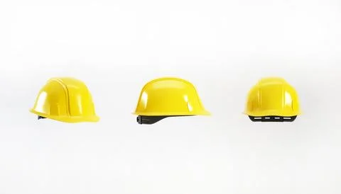 Set of yellow hard hat isolated on white, 3d render. Yellow helmet for Labour Stock Illustration