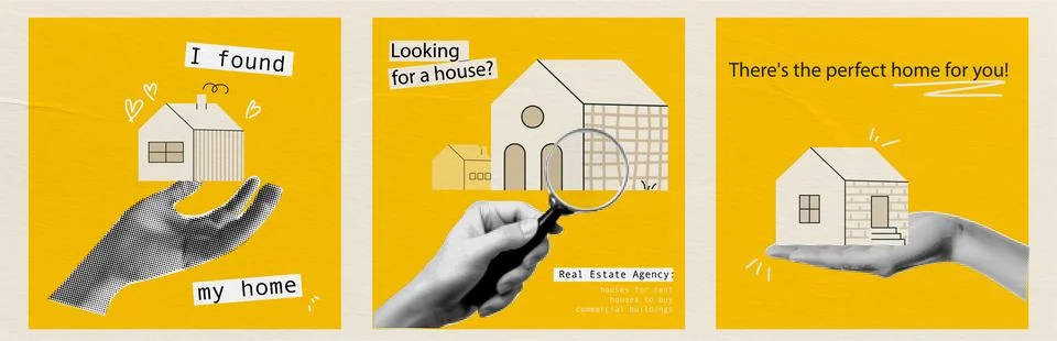 A set of yellow IG posts on the topic of renting and buying real estate. Popart Stock Illustration
