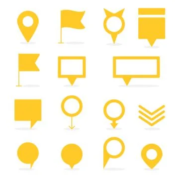 Set of yellow isolated pointers and markers different shapes 库存插图
