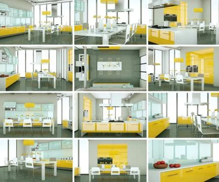Set of yellow kitchens in modern Interior design Stock Illustration