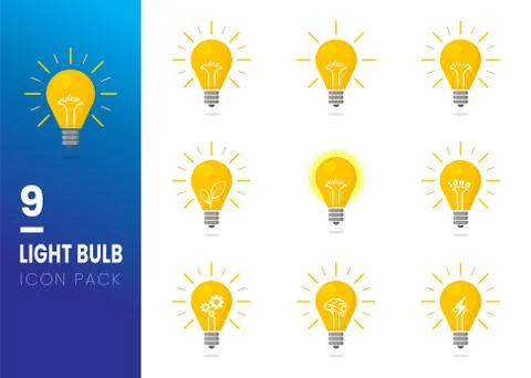 Set of Yellow Light bulb flat icon with rays shine. Energy and idea symbol is Stock Illustration