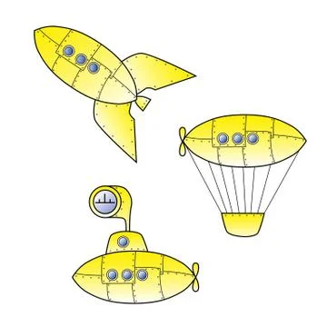 Set of yellow retro cartoon rocket, zeppelin or balloon and submarine Stock Illustration