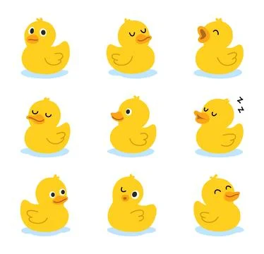 Set of yellow rubber ducks in cute poses. Fun cartoon bath toy vector collection Stock Illustration