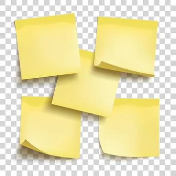 Set of yellow sheets of note papers. Five sticky notes. Template for design. Stock Illustration