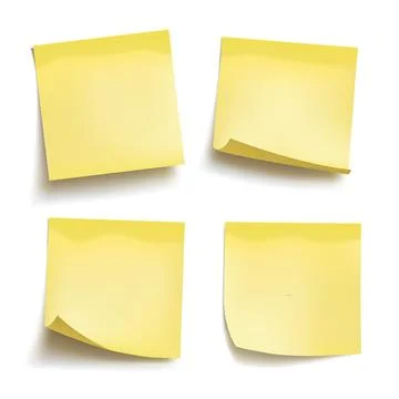 Set of yellow sheets of note papers. Four sticky notes. Vector illustration. Stock Illustration