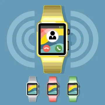 A set of yellow, silver, red and green smart watches with calls. Stock Illustration