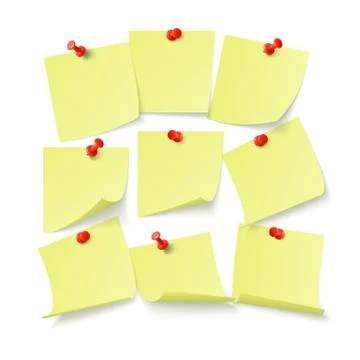 Set of yellow stickers with space for text or message stuck by clip to wall.  Stock Illustration