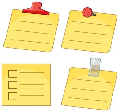 Set of Yellow Sticky Notes with Clip Pin and Tape Stock Illustration