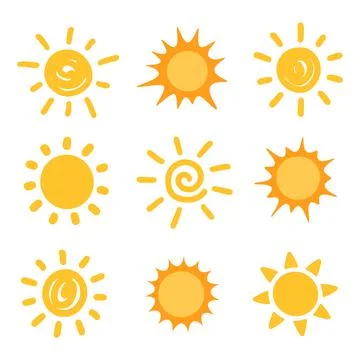 Set yellow sun hand drawn. Vector illustration Stock Illustration