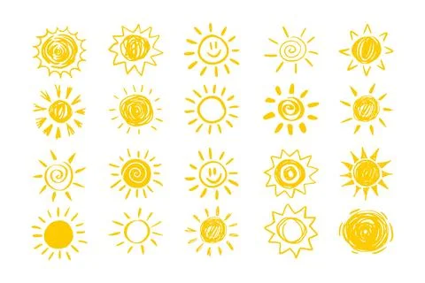 Set of yellow suns in Flat design isolated white background. funny icons sun Stock Illustration
