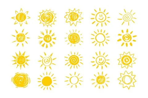 Set of yellow suns in Flat design isolated white background. funny icons sun Stock Illustration