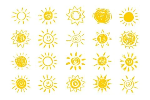 Set of yellow suns in Flat design isolated white background. funny icons sun Stock Illustration