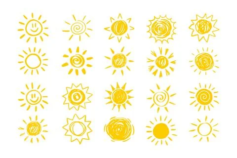 Set of yellow suns in Flat design isolated white background. funny icons sun Stock Illustration