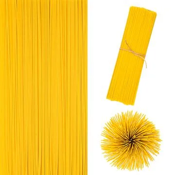 Set of yellow uncooked egg or wheat spaghetti isolated on white Stock Photos