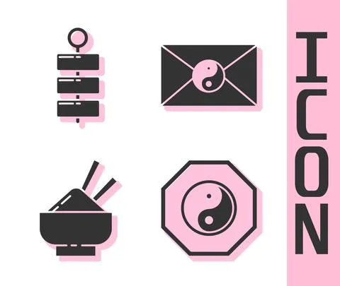 Set Yin Yang, Firework, Rice in a bowl with chopstick and Yin Yang and envelope Stock Illustration