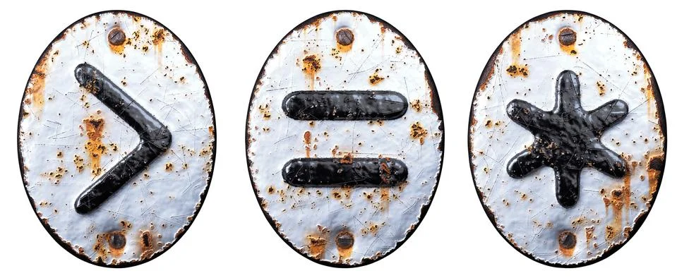 Set of ymbols right angle bracket, equals, asterisk made of forged metal on the Stock Illustration