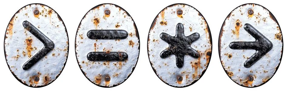 Set of ymbols right angle bracket, equals, asterisk, right arrow made of forged Stock Illustration