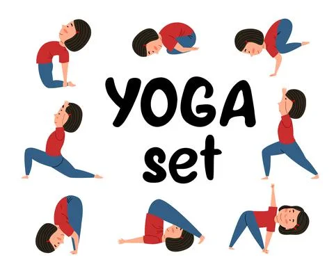 Kids Children Yoga Poses Cartoon Set.