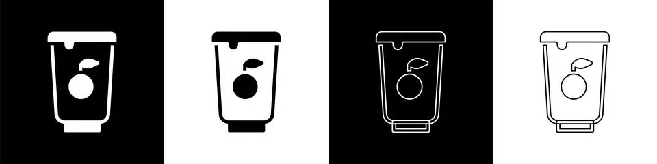 Set Yogurt container icon isolated on black and white background. Yogurt in p Stock Illustration