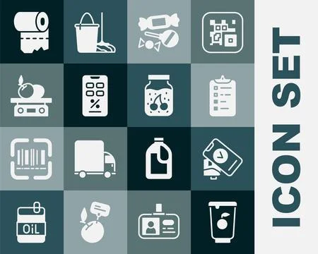 Set Yogurt container, POS terminal, Shopping list, Candy, Percent discount .. Stock Illustration