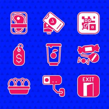 Set Yogurt container, Security camera, Fire exit, Candy, Chicken egg box, Price Illustrazione stock