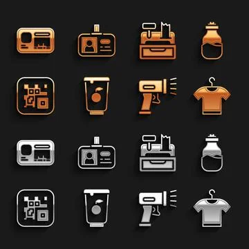 Set Yogurt container, Spice can, T-shirt, Scanner scanning bar code, QR, Cash 스톡 일러스트