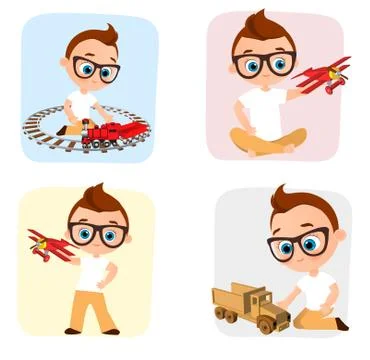 Set Young Boy with glasses and toy. Boy playing car, train, plane. Vector i.. Illustrazione stock