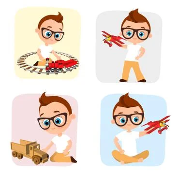 Set Young Boy with glasses and toy. Boy playing car, train, plane. Vector i.. Illustrazione stock