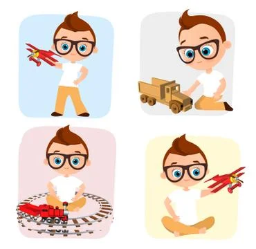 Set Young Boy with glasses and toy. Boy playing car, train, plane. Vector i.. Illustrazione stock