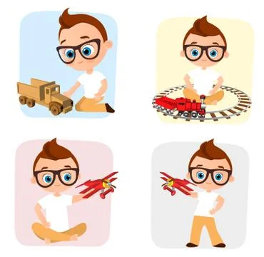 Set Young Boy with glasses and toy. Boy playing car, train, plane. Vector i.. Illustrazione stock