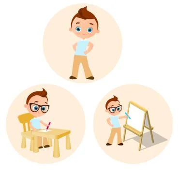 Set Young boy - paints sitting at a school desk, Drawing Whiteboard. Vector.. Illustrazione stock