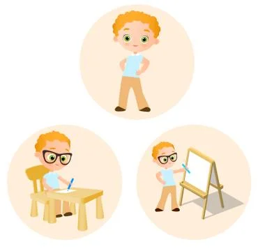 Set Young boy - paints sitting at a school desk, Drawing Whiteboard. Vector.. Illustrazione stock