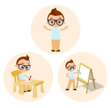 Set Young boy - paints sitting at a school desk, Drawing Whiteboard. Vector.. Illustrazione stock
