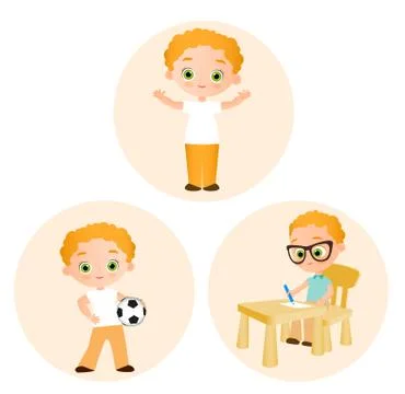 Set Young boy - paints sitting at a school desk, playing football. Vector i.. Illustrazione stock