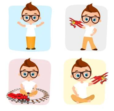 Set Young Boy playing toy. Vector illustration eps 10 isolated on white bac.. Stock-Illustration