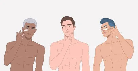 Set young man applied the cream to his face, after shaving, Men's skin care.. Stock Illustration