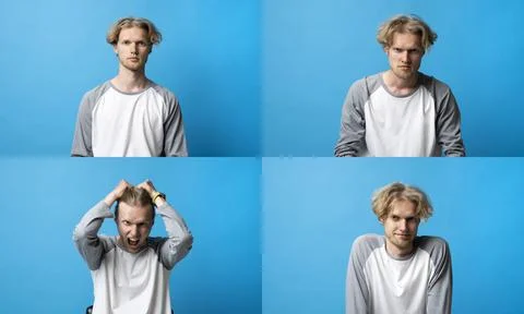 Set of young man posing with many different facial expressions on blue Stock Photos