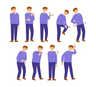 Set of young man symptoms pose gesture with pain set collection with back, .. 스톡 일러스트