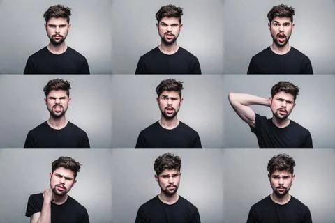 Set of young man's portraits with different emotions Stock Photos