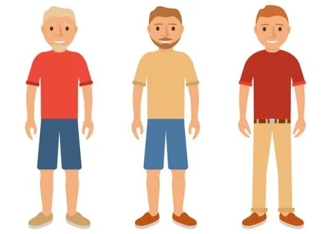 Set of young men in summer clothes in shorts,trousers,a shirt and in boots. Stock Illustration